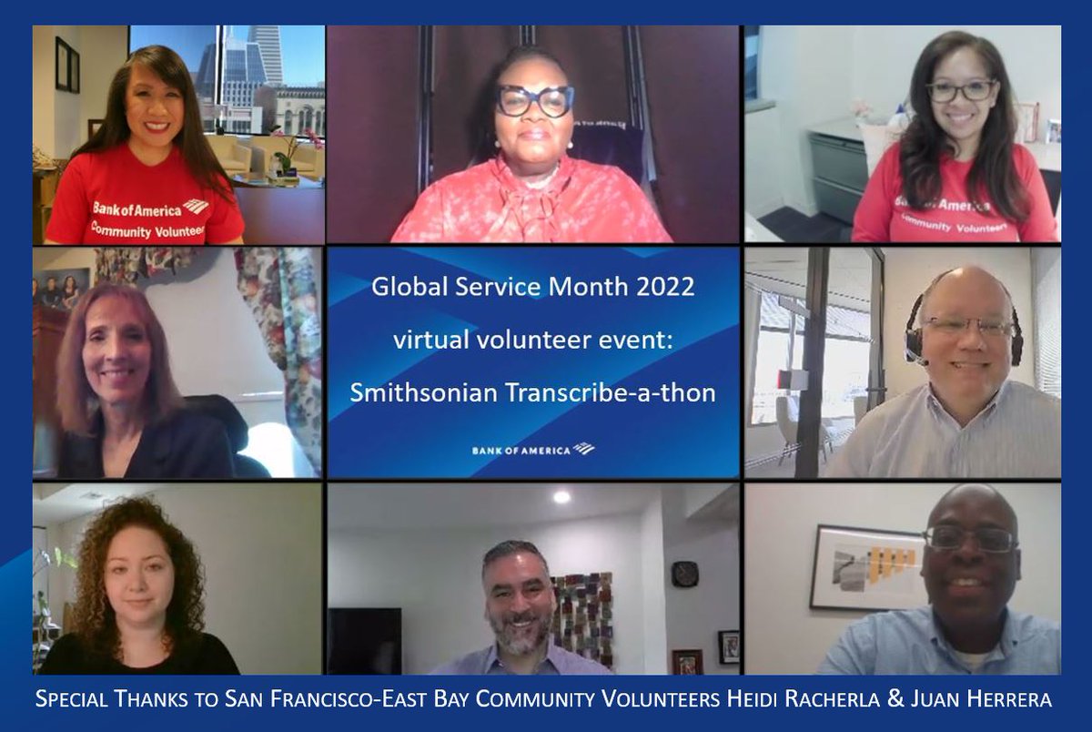 gioiamccarthy's tweet photo. #GlobalServiceMonth #ThankfulThursday recognition for 750+ @BankofAmerica #BofAVolunteers at this weekβs @TranscribeSI #virtualvolunteer activity, incl. #SanFrancisco #EastBay teammates @HeidiRacherla & #JuanHerrera @jpilot1981 helping @Smithsonian reach 1MM pages transcribed! https://t.co/5rr35XOEHK