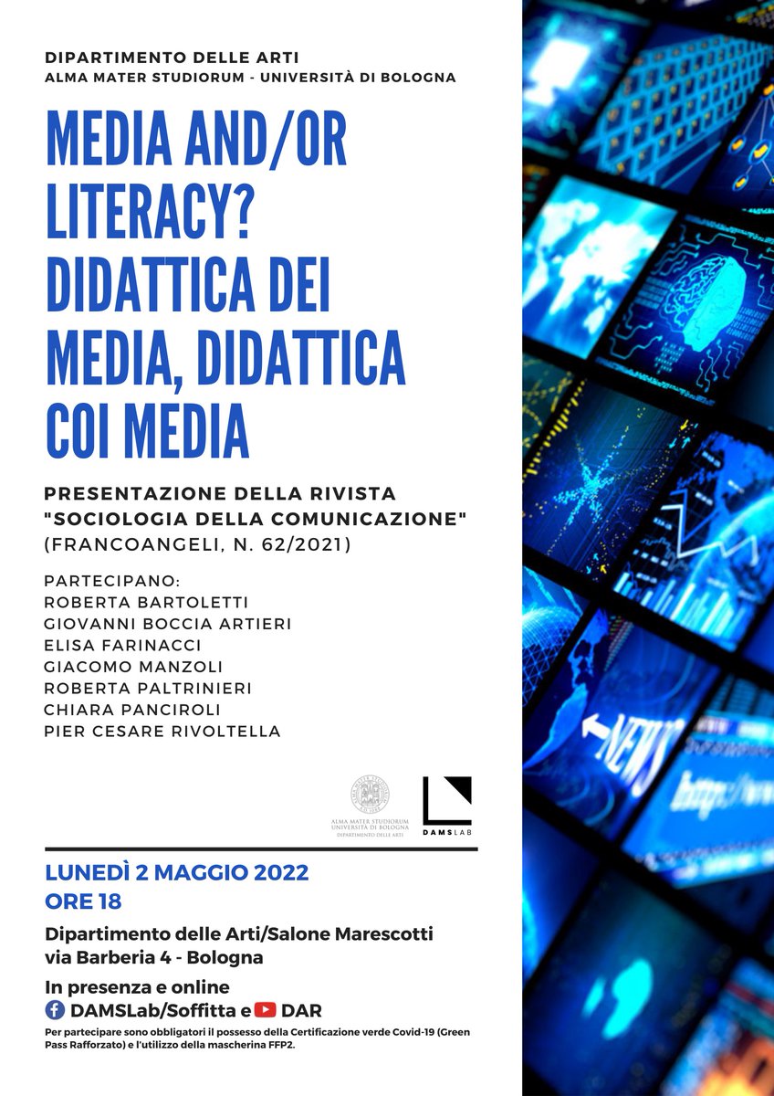 Sociologia della comunicazione segnala il seminario di presentazione del fascicolo n. 62/2021 - Media and/or literacy? Didattica dei media, didattica coi media -
2 maggio 2022, ore 18 (in presenza e online)
Info: bit.ly/3F0kOAv
<a href="/rob_bartoletti/">Roberta Bartoletti</a> @AngeliEdizioni
