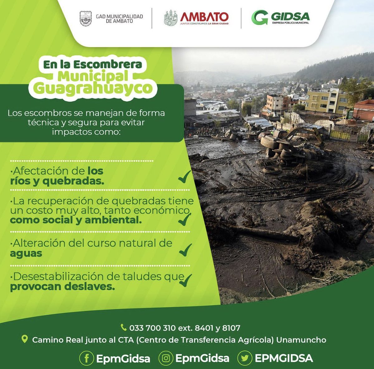 En la escombrera Municipal Guagrahuayco los escombros se manejan de manera técnica para evitar impactos al medio ambiente👷🚧
Deposita tus desechos de construcción solo en lugares autorizados🧱
No los deposites en quebradas ni junto a los ecotachos 😕
Juntos cuidamos al planeta💪