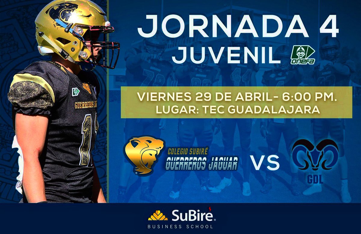 ColegioSuBireFA's tweet photo. ⚜️🏴 | JORNADA 4 @OnefaOficial 🇲🇽
Nuestros #GuerrerosJaguar de la categoría Juvenil están listos para visitar a @BorregosGDL .
¡Ven y apoya al equipo!
#ColegioSuBiré #JuvenilONEFA #WeAreSuBiré #SuBiréPride #GRIND https://t.co/uJZBiWzs4N