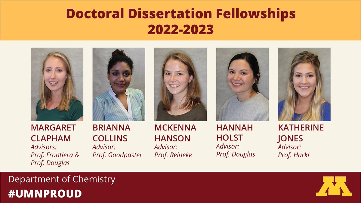 UMNChemistry's tweet photo. Congrats to PhD students Margaret Clapham, Brianna Collins, Mckenna Hanson, Hannah Holst, and Katherine Jones for receiving highly competitive #UMN Doctoral Dissertation Fellowships! https://t.co/stxdtVF0uo #UMNproud @UMNCSE https://t.co/I2sNq5ugqH