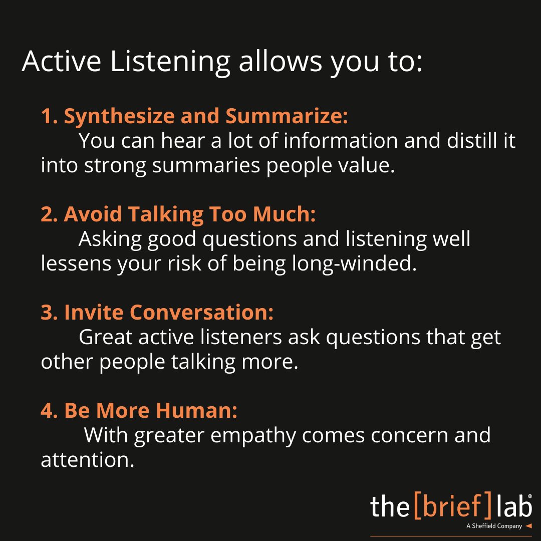 TheBriefLab's tweet photo. Are you an active listener?
A lot of us are terrible listeners and very few will list active listening as a strength. 
But being an active listener is a fundamental skill for achieving brevity. It helps you determine what really matters to your audience.
#activelistening https://t.co/41tOfEU3Wi