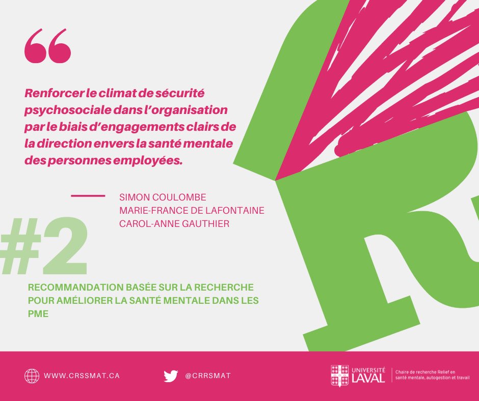 Consultez en ligne (crrsmat.ca) le rapport émis par la Chaire dressant 11 recommandations concrètes pour améliorer la santé mentale des travailleuses et travailleurs de PME. Voici la seconde 👇 2/11.
@monrelief <a href="/beneva_ca/">Beneva</a> <a href="/universitelaval/">Université Laval</a>
#travail #santémentale