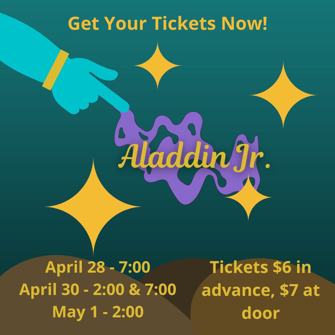 TheaterRchs's tweet photo. Aladdin Jr. opens tonight! Tickets are $7 and doors open at 6:30 with a start time of 7:00. We can’t wait to “share this whole new world with you!” https://t.co/5udxlBsnpj