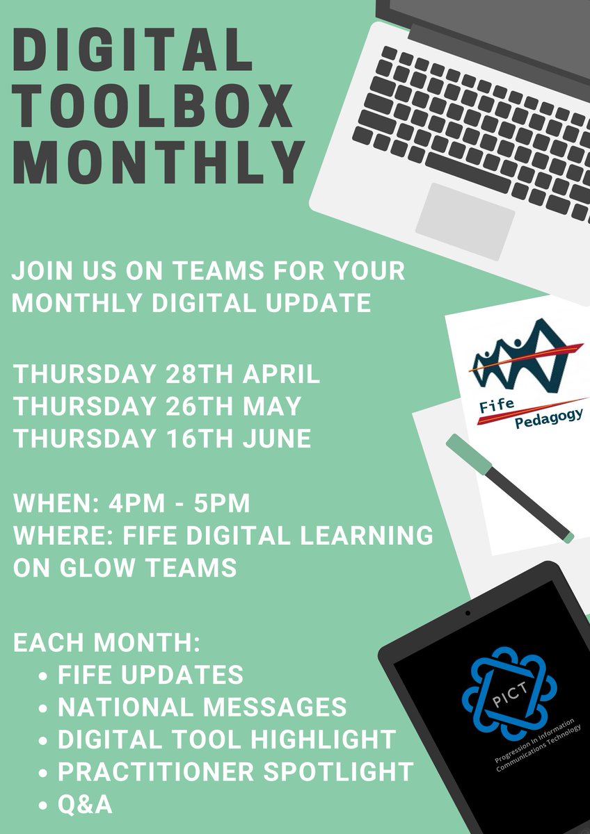 FifeDigiLearn's tweet photo. Join us for the next #digitaltoolboxmonthly on Thursday 26th May at 4pm on the Fife Digital Learning Team on @GlowScot. If you're a Fife practitioner interested in getting involved, send us a DM #fifelearning https://t.co/i4S1ELF92g