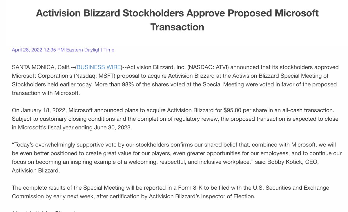 charlieINTEL's tweet photo. NEW: Activision Blizzard shareholders approve Microsoft's acquisition of the company. https://t.co/8vmxlUhvz2