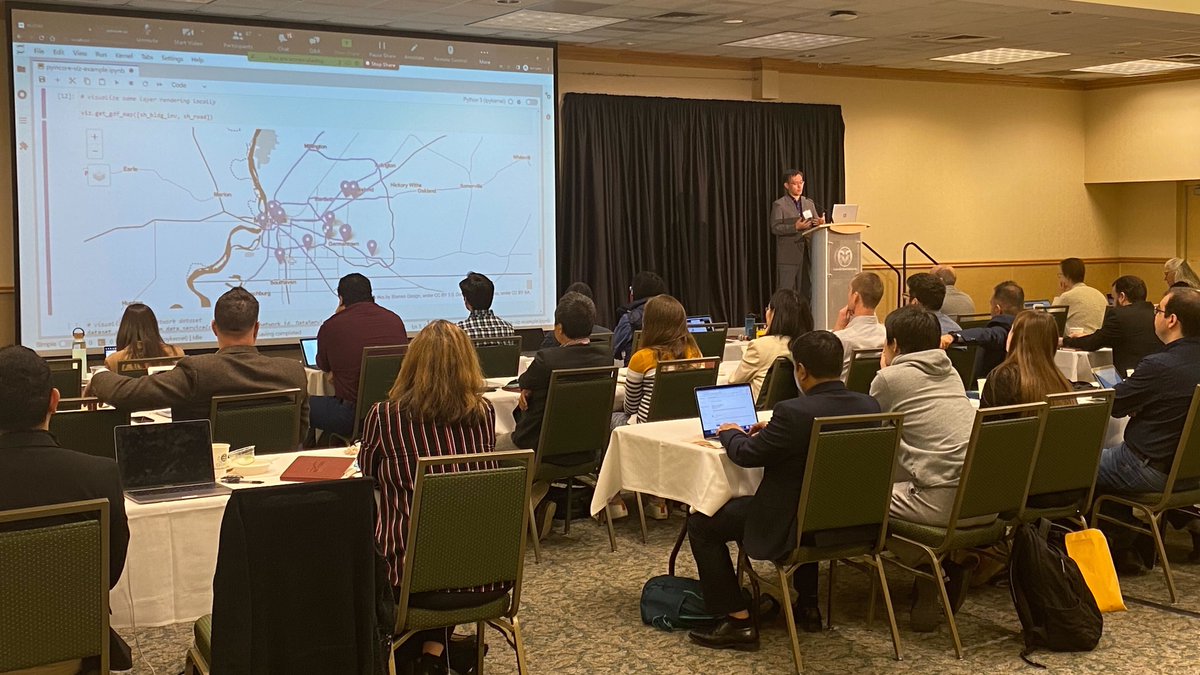 NCSASoftware's tweet photo. How might earthquakes impact critical infrastructure like hospitals? How high will waves from a hurricane get? Jong Lee @NCSAatIllinois demos IN-CORE software to analyze natural hazards - from uploading data to visualizing the impact  on communities. #RSEng #disasterpreparedness https://t.co/UQadaBmczY