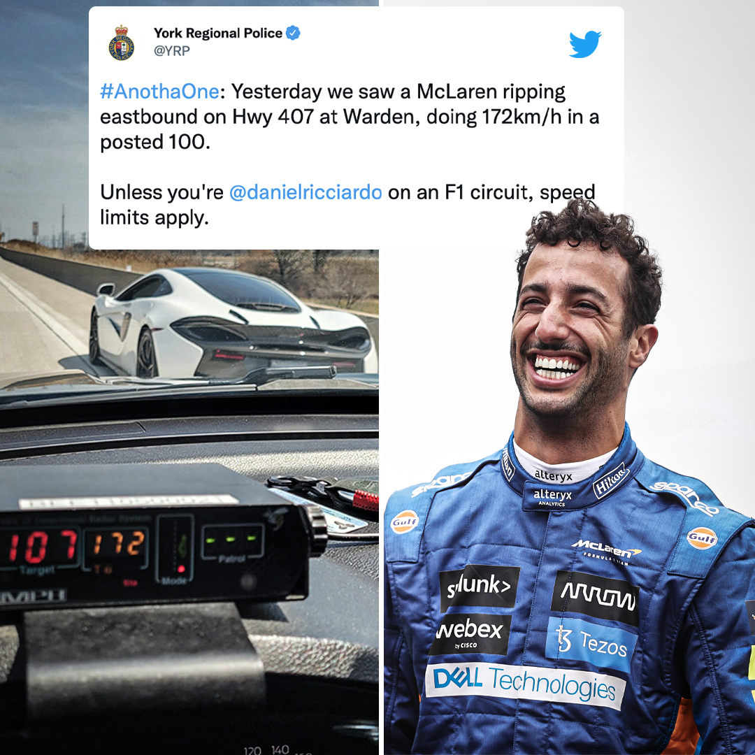 ESPNF1's tweet photo. Good to know Canadian police are Daniel Ricciardo fans 😅💨 https://t.co/s1Ds7bMh7J