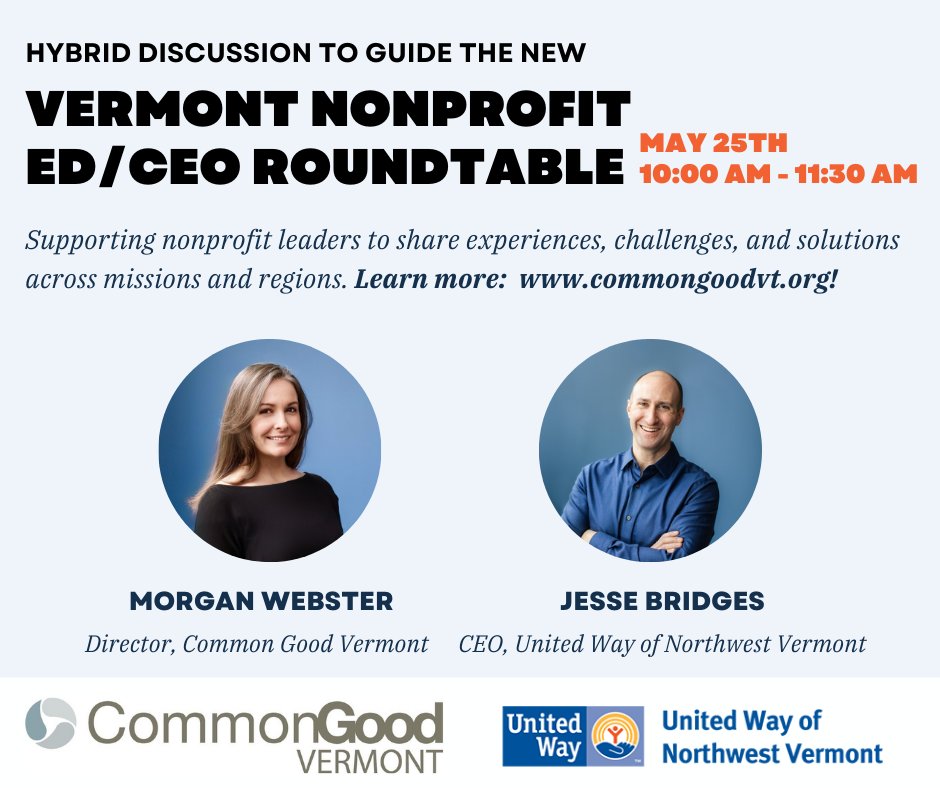 CommonGoodVT's tweet image. Attn. VT ED/CEOs: We&apos;re launching a VT Nonprofit ED/EDO Roundtable and looking for your guidance! Help guide this new initiative as we support nonprofit leaders to share experiences, challenges, and solutions across our sector and state. commongoodvt.org/events/vt-nonp…