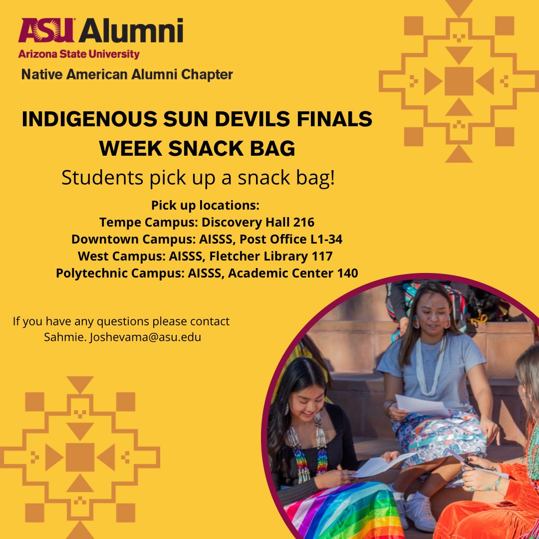 asunativealumni's tweet photo. ‼️ASU Students‼️
Come pick up a snack bag to get you through your last finals! The Native American Alumni Chapter would like to wish you all the best of luck as you finish off your finals. We believe in you all and are here to support you.
#NativeSunDevils #FinalsWeekSnacks https://t.co/CotWb4MNlN