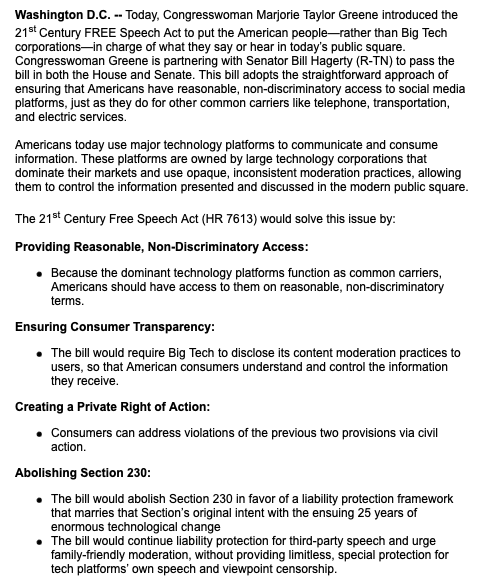 FmrRepMTG's tweet photo. BILL ANNOUNCEMENT: Today, I introduced the 21st Century FREE Speech Act

Read the bill: https://t.co/9mJ0UWz3pj https://t.co/UZrusLq1Eo