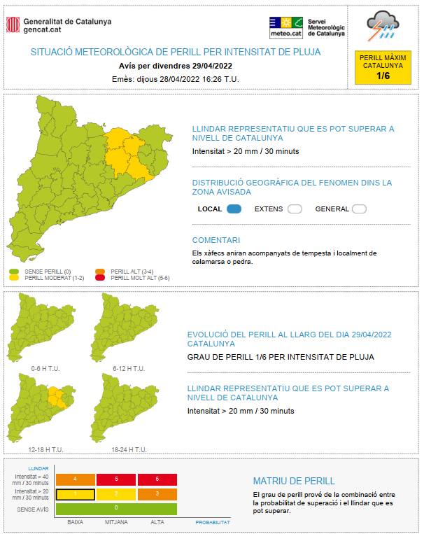 meteocat's tweet photo. ⚠ Actualitzat avís de Situació Meteorològica de Perill (#SMP) per intensitat de pluja ⚠

➡ Dv. 12.00 h  - Ds. 18.00 h. T.U

➡ Possibilitat de precipitació > 20 mm / 30 minuts

➡Grau de perill màx 🟡 2/6

➡ Comarques del nord-est. https://t.co/wAxYUs2OI1