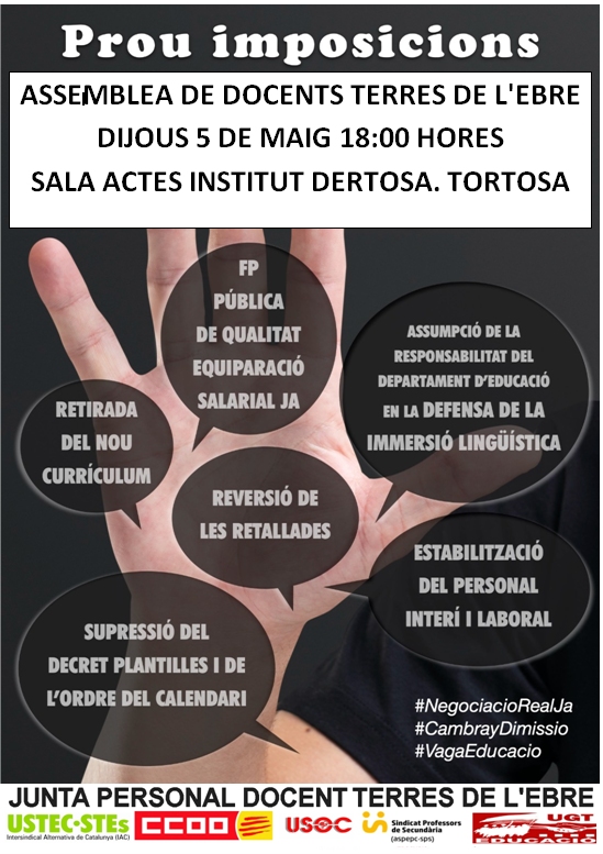 JuntaEbre's tweet photo. SEGUIM! 
ASSEMBLEA DE DOCENTS TERRES DE L'EBRE
DIJOUS 5 DE MAIG 18:00 HORES
SALA ACTES INSTITUT DERTOSA. TORTOSA https://t.co/SJJjp7P1TU