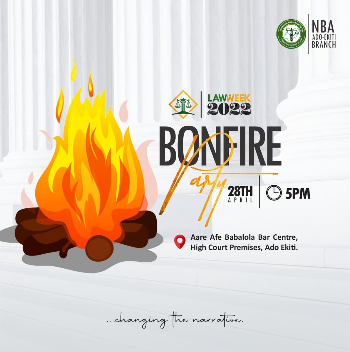 *Distinguished Colleagues,* 

Join us this evening for a Bonfire! 

Its going to be smoky!

#nbaadoofficial #NBAAdoEkitiLawWeek2022