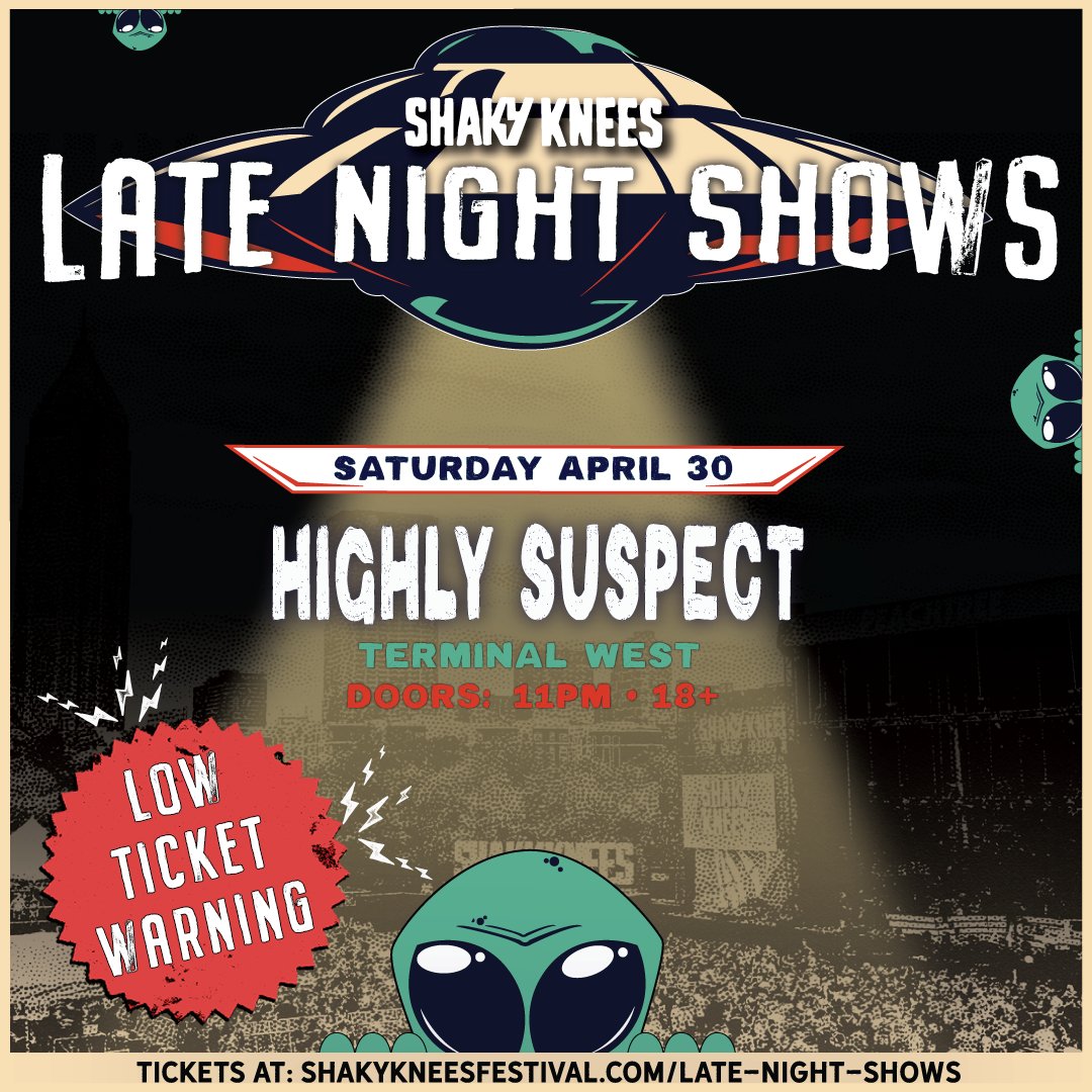 Y'all better hurry and grab these Late Night Show tickets 🚨 This is your Low Ticket Warning for: 🔥 @flipturnband w/ @pipthepansy @ @masquerade_atl 📅 Friday, 4/29 🔥 @Highly_Suspect @ @TerminalWest 📅 Saturday, 4/30 🎟 shakykneesfestival.com/late-night-sho…
