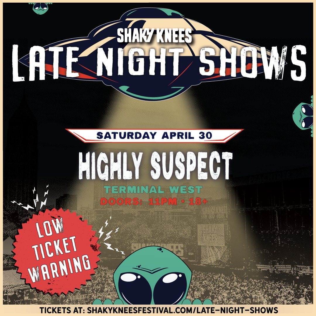 ShakyKneesFest's tweet photo. Y'all better hurry and grab these Late Night Show tickets 🚨

This is your Low Ticket Warning for:
🔥 @flipturnband w/ @pipthepansy @ @masquerade_atl  📅 Friday, 4/29
🔥 @Highly_Suspect @ @TerminalWest 📅 Saturday, 4/30

🎟 https://t.co/DmZ6JWNTjQ https://t.co/LMgDSQuEoN