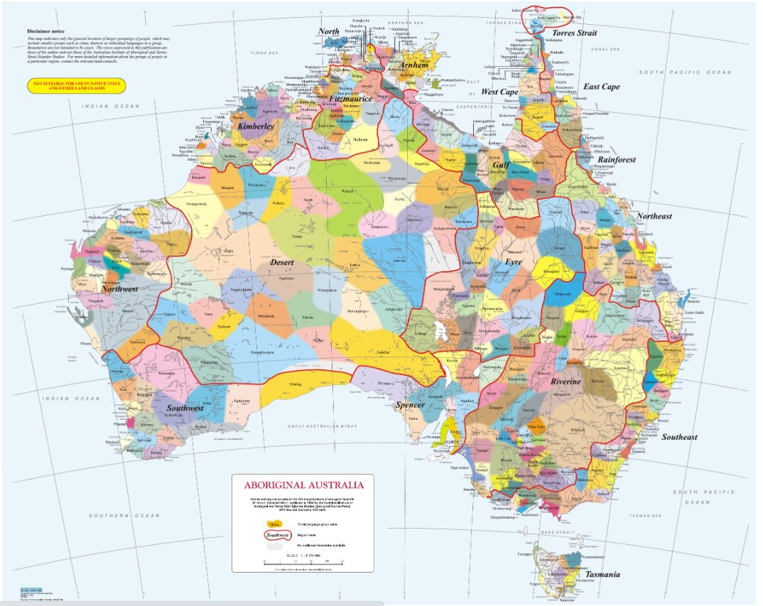 Chloe_6029's tweet photo. This map gives a good demonstration of the culture and language diversity among Indigenous People. We often think of Indigenous Australians as one group of people. However, they are incredibly diverse. 
#NURSING1008 https://t.co/bBxmRwGZSm