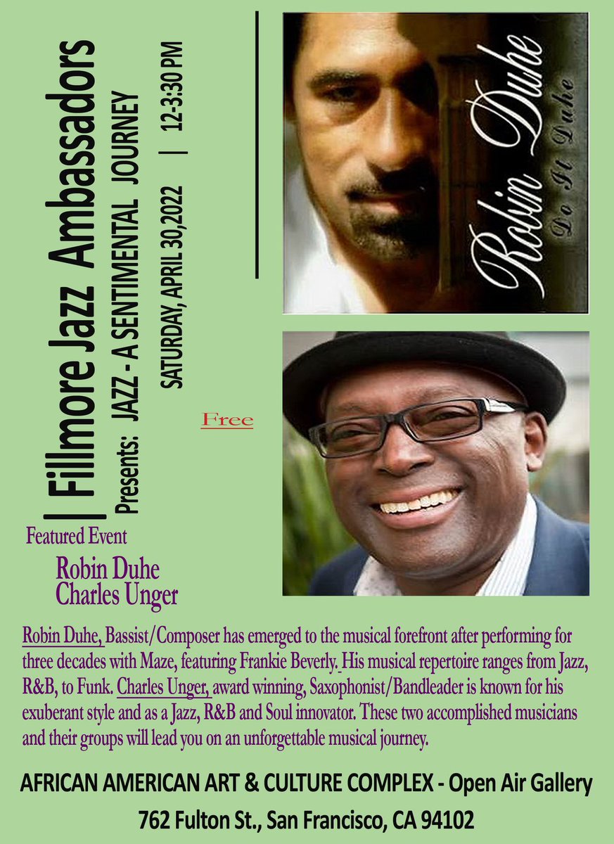 Did someone say a free jazz concert?! 😆😆 Come out to the @aaaculturecomplex this Saturday, April 30th, to hear bassist Robin Duhe and award winning Saxophonist &amp; Bandleader Charles Unger! You don’t want to miss the 21st jazz renaissance in San Francisco!