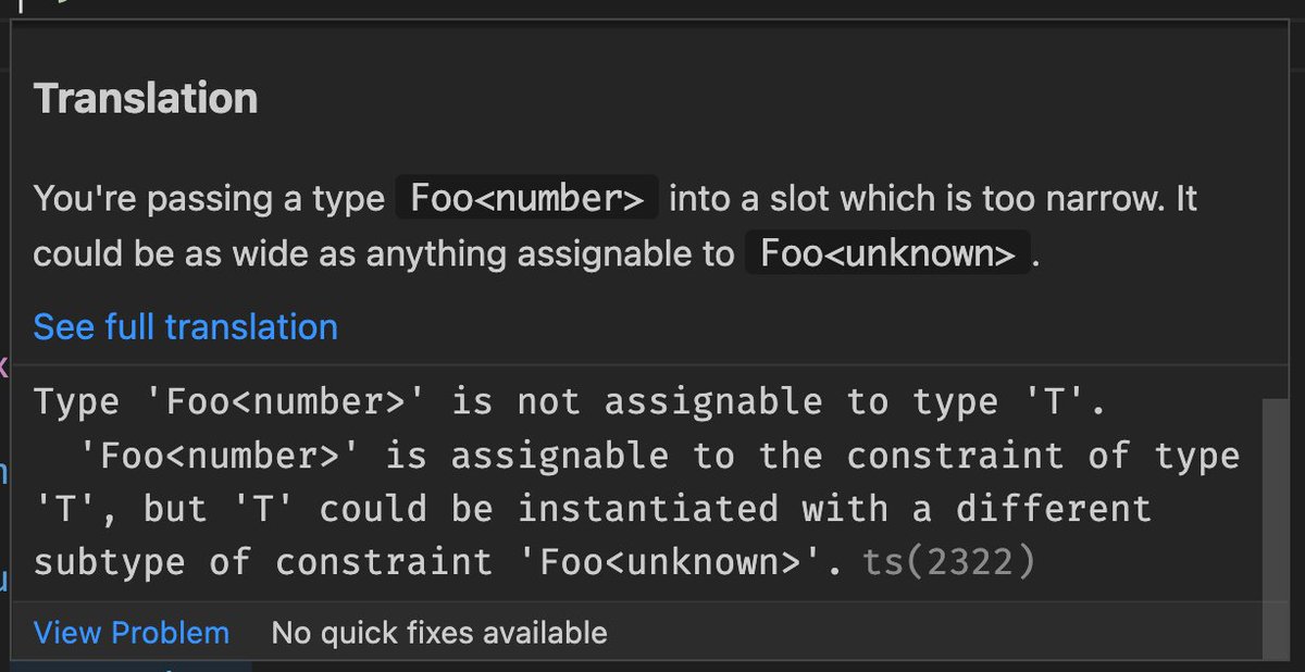 Working on a VSCode extension for the TS Error Translator.

Here's the plan - we intercept diagnostic messages coming from TS, and show a human-readable translation with a link to a full, detailed explanation.