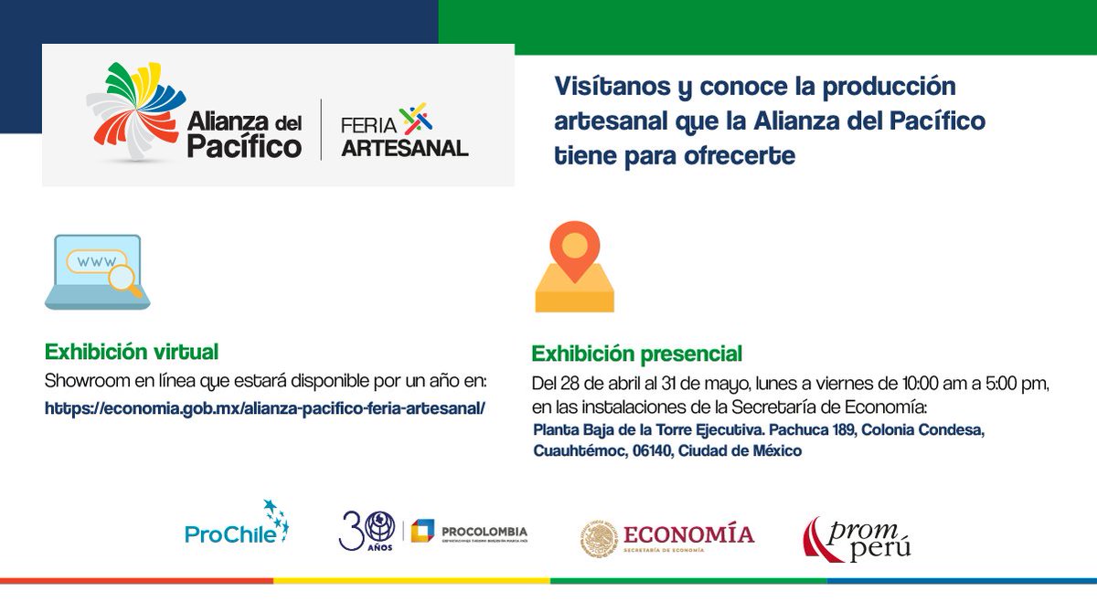¡Atención 📣!
📍 Este 28 de abril te invitamos a participar de la inauguración de la Feria Artesanal de la #AlianzaDelPacífico con motivo de nuestro 11.° aniversario. Sigue este evento en vivo por 👉 facebook.com/thepacificalli…
⏰ 17:00 h. 🇨🇴🇲🇽🇵🇪 18:00 h. 🇨🇱
#11AñosAlianzaDelPacífico