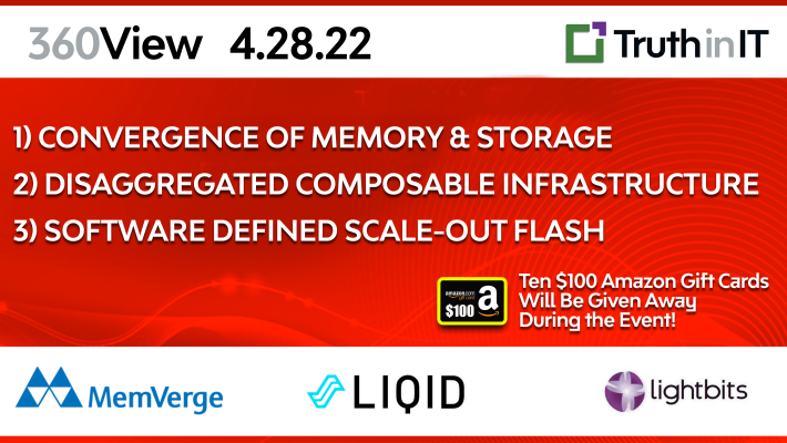TruthinIT's tweet photo. 360View EVENT BEGINS NOW! | Disruptive technologies we'll cover: #StorageIO bottlenecks, #Disaggregated #composableinfrastructure, optimizing #flashstorage | w/ @MemVerge, @WeAreLiqid, @LightbitsLabs, @smworldbigdata | We're live tweeting from @TruthinIT | https://t.co/dZKfRnLw4U https://t.co/eJkFzd37Qp