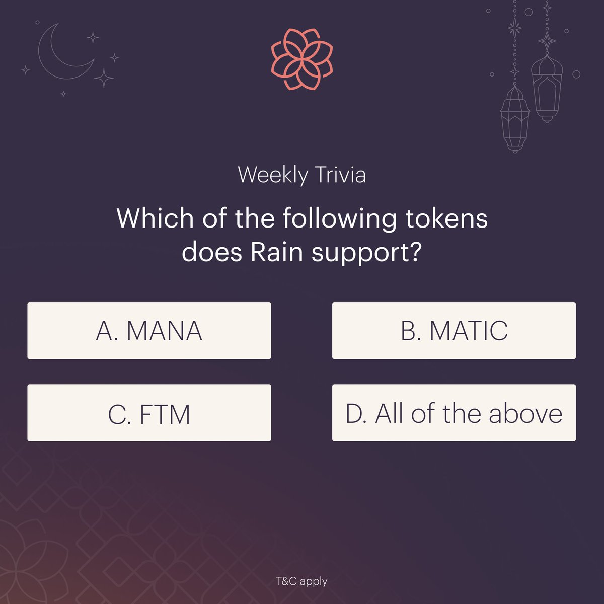 rain's tweet photo. Answer and win $250 of $BTC with Rain this Ramadan!🌙

To participate:
- Follow
- Retweet
- Leave the right answer in the replies

Winner will be announced on Saturday 30th of April.
Terms &amp; Conditions apply

#رمضان_كريم https://t.co/83DnoBdDbk