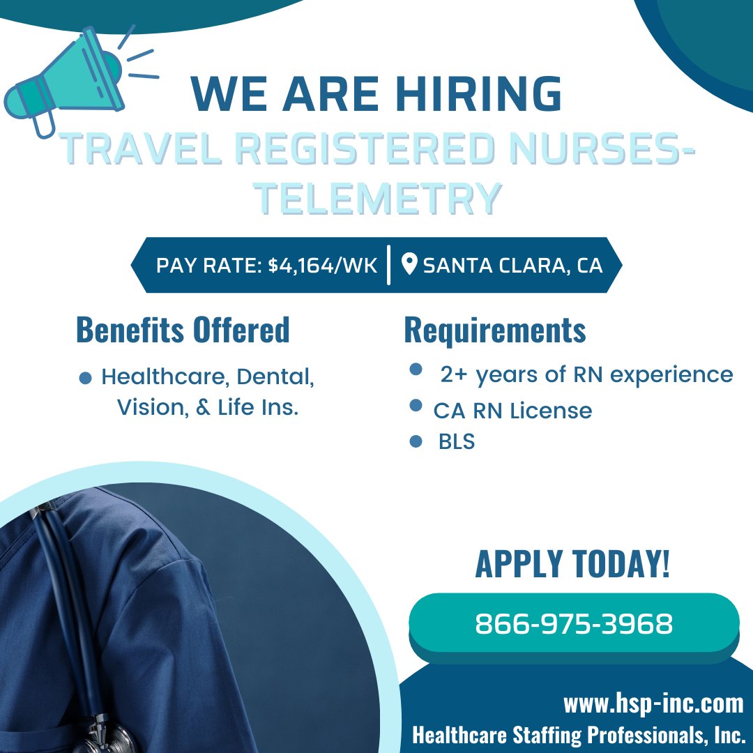 HSP_Inc's tweet photo. Calling all #RegisteredNurses - Are you looking for a new/exciting assignment? Check out this travel position that is located in Santa Clara, CA☀️
Call us today to learn more!
📞866-975-3968
💻https://t.co/3zATRaCFz1
#travelRN #travelassignment #ca #telemetryrn #telemetry https://t.co/a69cLlHaXA