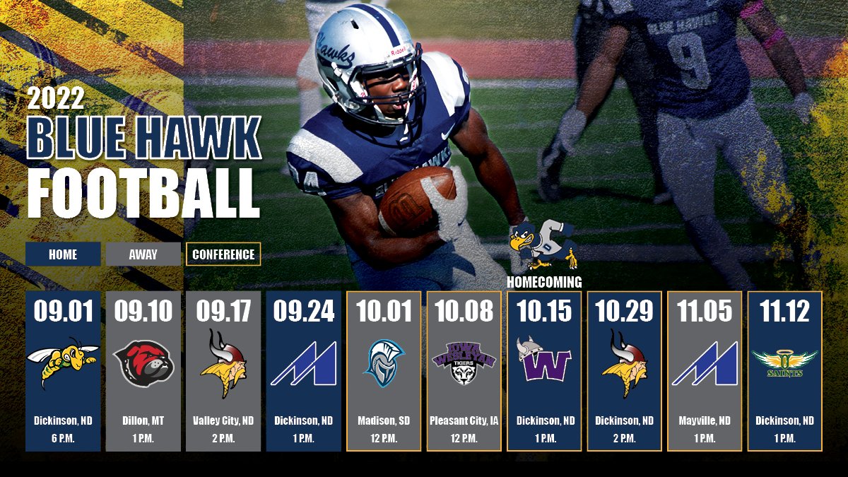 🚨🏈📅 | SCHEDULE RELEASE!

The <a href="/BlueHawkFB/">Dickinson State Football</a> program has released their 2022 football schedule! The 🔟 game schedule includes six NSAA games and five home games at the BAC! #hawksareup

Full schedule ➡️ | bit.ly/3vSXosP