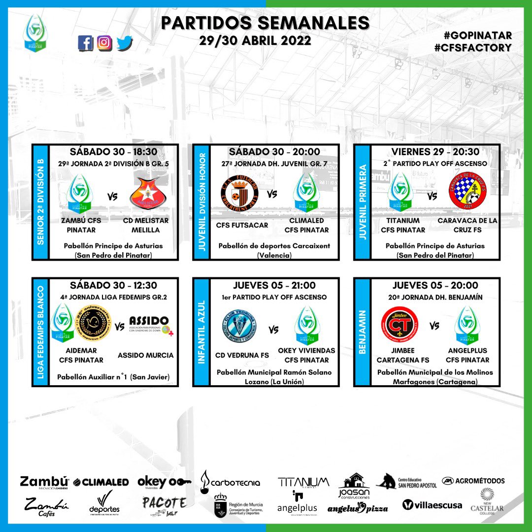 CFS_Pinatar's tweet image. 🤓 El Infantil Azul, @OkeyViviendas CFS Pinatar, se desplazará hasta La Unión para medirse a #VedrunaFS.

🙂 Y para finalizar, nuestro Benjamín DH, #AngelPlus CFS Pinatar, jugará en Cartagena contra @JimbeeCartagena.

👏 ¡Suerte a Tod@s! 💪

#GoPinatar #GoZambú #CFSFactory 💙⚽️💚
