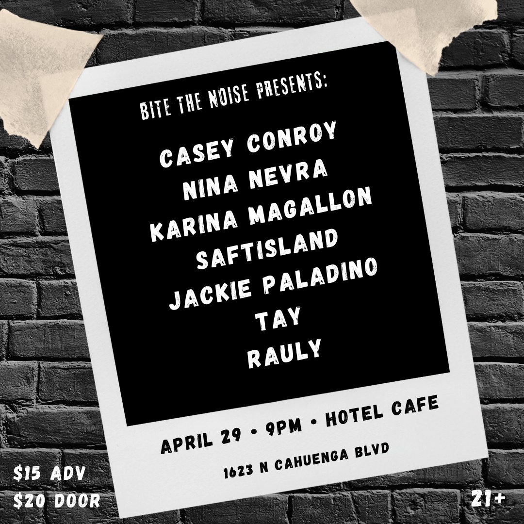 Bite The Noise (@bitethenoise) on Twitter photo TOMORROW <a href="/thehotelcafe/">Hotel Cafe</a> with <a href="/IAmCaseyConroy/">Casey Conroy</a> <a href="/NinaNevra/">Nina Nevra</a> <a href="/karinammusic/">Karina Magallon</a> <a href="/PaladinoJackie/">JackiePaladino</a> @taysounds SAFTisland & Rauly
get tix now: new.hotelcafe.com/event/bite-the… TOMORROW <a href="/thehotelcafe/">Hotel Cafe</a> with <a href="/IAmCaseyConroy/">Casey Conroy</a> <a href="/NinaNevra/">Nina Nevra</a> <a href="/karinammusic/">Karina Magallon</a> <a href="/PaladinoJackie/">JackiePaladino</a> @taysounds SAFTisland & Rauly
get tix now: new.hotelcafe.com/event/bite-the…