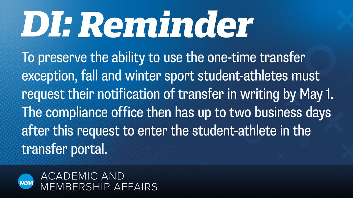 NCAACompliance's tweet image. 🔔Check out the below reminder for NCAA Division I student-athletes interested in transferring. The below FAQ outlines additional information to better understand the four-year transfer process.
on.ncaa.com/OneTime_Transf…