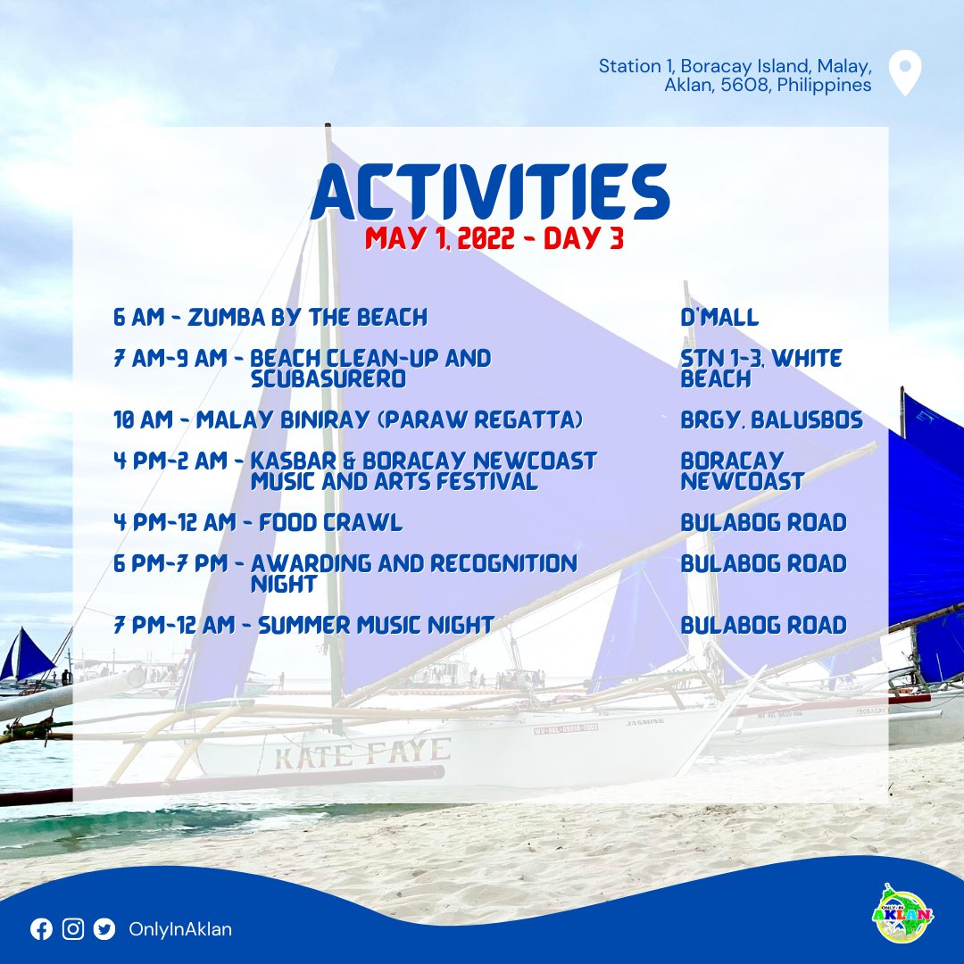 onlyinaklan's tweet photo. FROM LABORACAY TO LOVEBORACAY
Better Than Ever
April 29 - May 1, 2022
��Boracay Island, Malay, Aklan

Schedule Source: RGA | Malay Tourism Office

For more information you check https://t.co/JlttqXIT34. 👌

#OnlyInAklan
#FeelAliveFeelAklan
#LoveBoracay2022
#BoracayBetterThanEver https://t.co/crMs6jNwpF