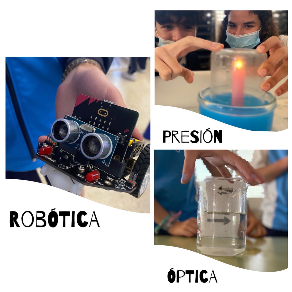 AuxiMarbella2's tweet photo. Hoy los alumnos de 3°ESO se han transformado en auténticos científicos 👩🏻🔬👨🏼🔬 para hablarles a sus compañeros de óptica, presión atmosférica y robótica. Todos han disfrutado porque la ciencia también es divertida. #sciencefun #elcolequesoñamos #learningbydoing #learningbyteaching https://t.co/MymK0t1hXY