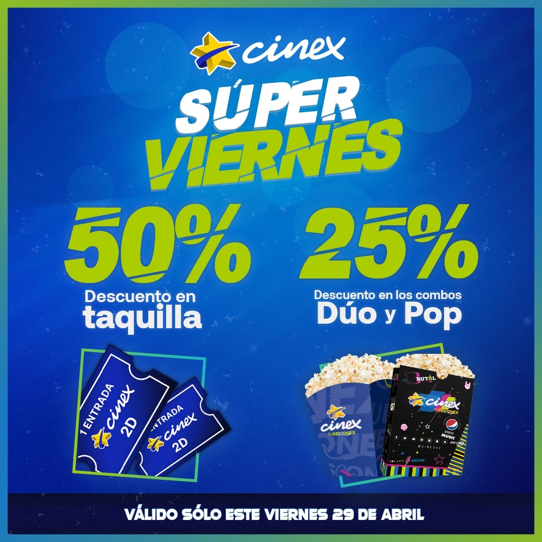 CinexVe's tweet photo. ¿Un #SúperViernes conmigo y tus panas? ¡SÍ CUADRA!😎
¡No te lo pierdas! TODAS nuestras sedes con 50% de descuento en entradas y un 25% menos por la compra de tu #ComboDuo y #ComboPop🍿
¡No lo olvides, Cinéxfilo! Este 29 de abril #CinexEsElPlan https://t.co/vjdnp5LwPr