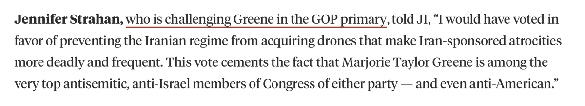 Marjorie Taylor Greene challenger @StrahanJennifer on Greene's vote yesterday against the Stop Iranian Drones act, which would clarify that U.S. weapons sanctions on Iran apply to weaponized drone technology. Only Greene and Thomas Massie voted against the bill.