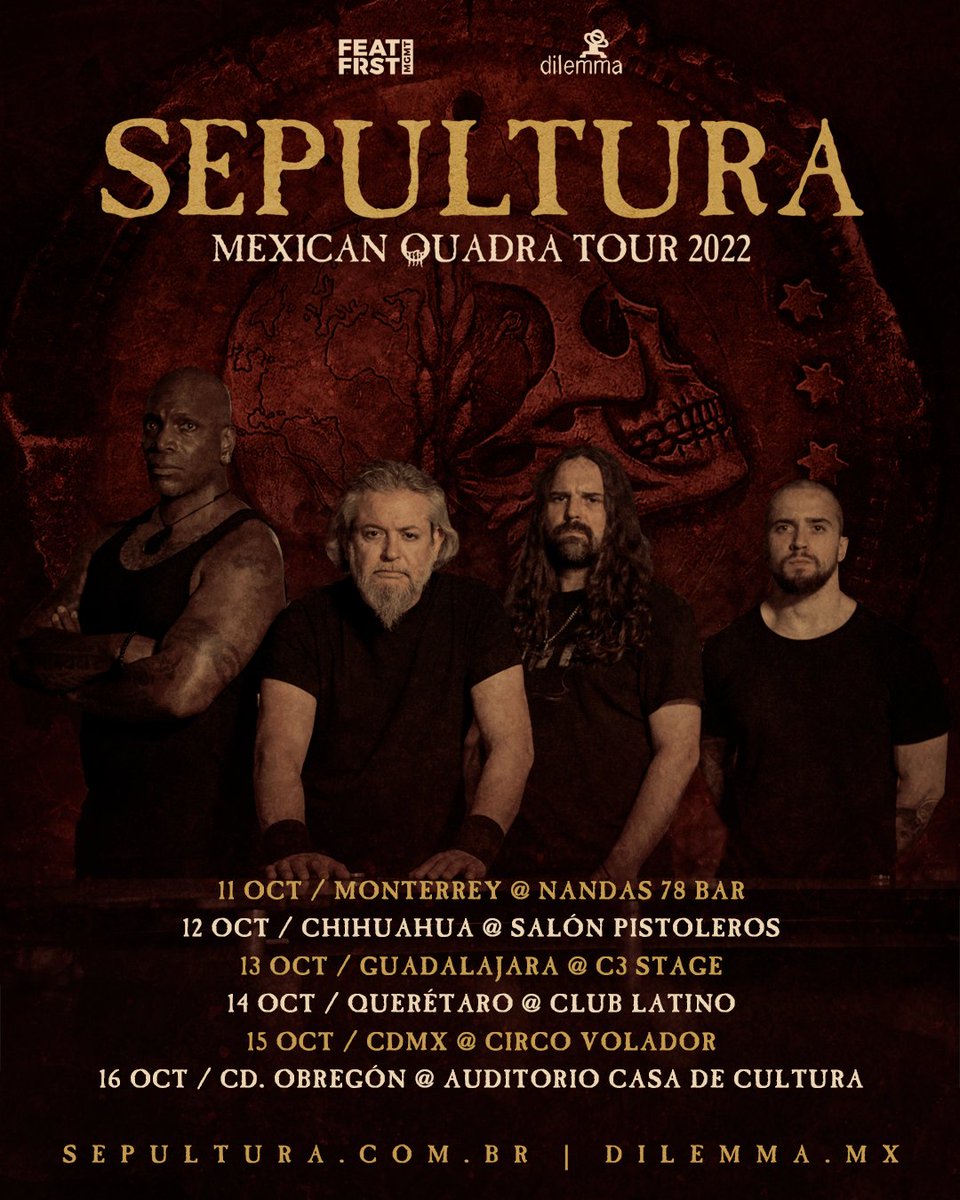 We're very excited to announce the rescheduled dates of our Mexican tour! Our show in Irapuato has been canceled and we have added an additional date in Ciudad Obregón. Previously purchased tickets will remain valid. Check the link for more info: sepultura.com.br/tour-dates