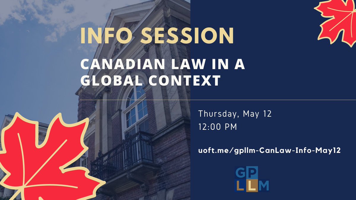 UTLawGPLLM's tweet photo. 🇨🇦 Interested in the #GPLLM's Canadian Law concentration at @UTLaw? With only a few weeks until the application deadline, hear firsthand about our admission requirements, receive tips on preparing a strong application, and ask questions about our program. https://t.co/cFJ8sGazzs https://t.co/d7EKaJQt6U