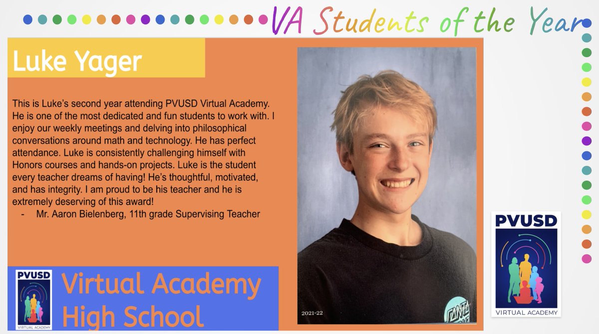 pvusdvirtual's tweet photo. Congratulations to Luke Yager Virtual Academy Student of the Year! ❤️ @pvusdvirtual @PrincipalPonzio @mlrod32 @PajaroValleyUSD @BobbieGrennier #collegebound 🎓 https://t.co/ffxnjEPulg