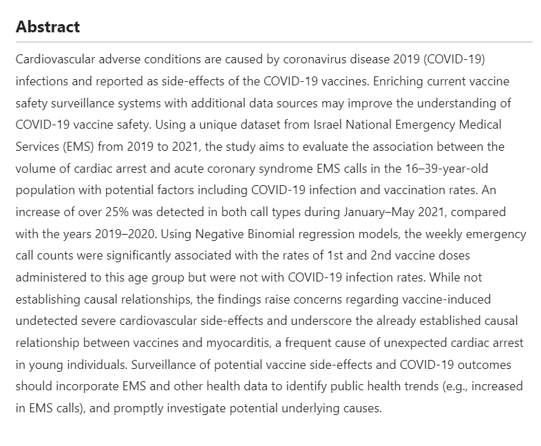 jengleruk's tweet photo. Data from Israel's emergency services:

25% 📈in cardiac arrest and acute coronary syndrome calls for 16 to 39 year olds Jan to May 21 compared to 2019-20.

Weekly call counts associated with C19 injection doses 1 &amp; 2, but not with infection rates.

https://t.co/sGZVlSdXNj https://t.co/k38HTkFyT3