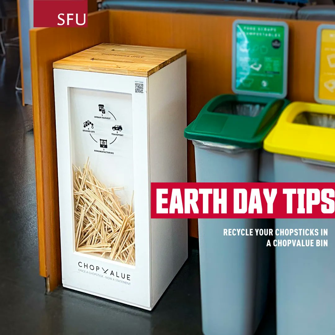 SFUAncillary's tweet photo. This #EarthMonth, we’re sharing the top sustainability tips from each of our depts at SFU Ancillary Services. If you’re using chopsticks 🍜 for your meal, recycle them in one of our ChopValue bins provided by @SFUFood_. ChopValue gives used chopsticks a second life 🔄 https://t.co/GvFG5783OK