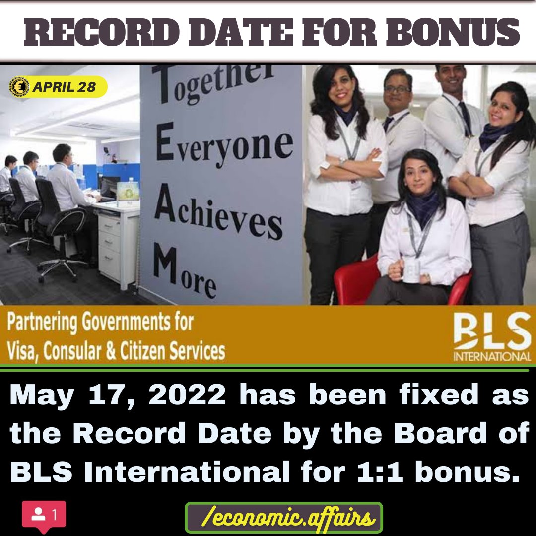 May 17, 2022 has been fixed as the Record Date by the Board of BLS International for 1:1 bonus, subject to the approval of shareholders in the ensuing EGM to be held on Monday, May 09, 2022. #blsinternational #bonusshare #bonusissue #multibagger