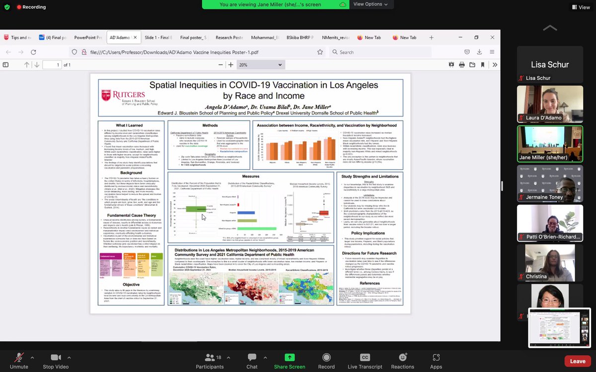 Laura_DAdamo's tweet photo. Watching @Angela_DAdamo present her honors project on spatial inequities in COVID-19 vaccination at the @blousteinschool Honors Research Program poster session! Such an impressive and important project 👏🎉 @RutgersU https://t.co/sIHxkozZMK