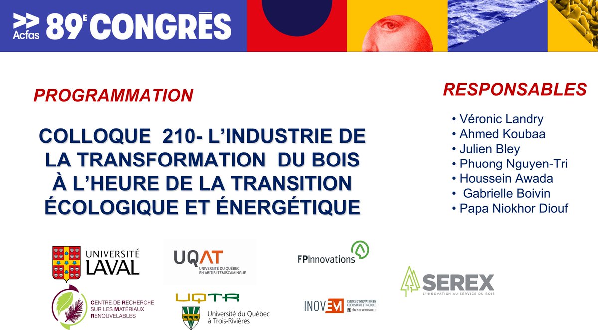 CRMR_Qc's tweet photo. ⏰📢Colloque |210 - L’industrie de la transformation du bois à l’heure de la transition écologique et énergétique | 10 et 11 mai 2022 |@_Acfas
Inscription avant 13 mai: https://t.co/on4MUVWAYO
Programmation : https://t.co/nCEKrCniFa
@CRMR_Qc
@FPInnovations
#Serex
@UQAT
@UQTR https://t.co/Avcv5JUai1