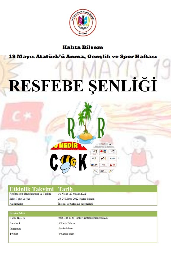 Zeka oyunlarının yükselen yıldızı RESFEBE kültürünü yaygınlaştırma adına 19 Mayıs Atatürk'ü Anma ve Gençlik ve Spor Haftasında ilkokul ve ortaokul öğrencilerinin katılabileceği resfebe şenliği düzenlenecektir.
