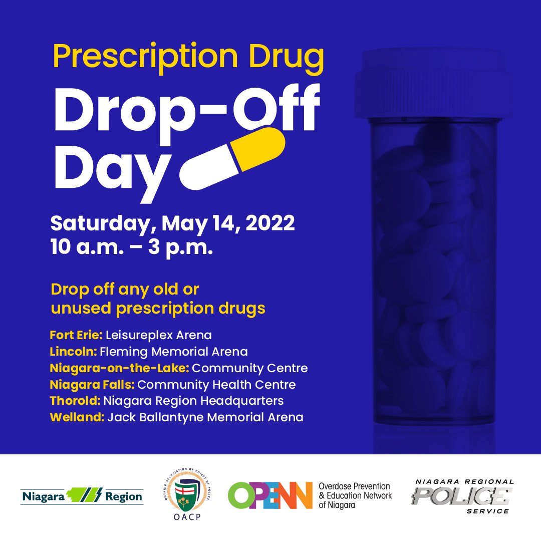 NRPublicHealth's tweet image. Prescription drug drop-off options are the best way to dispose of unused or expired prescription drugs safely. You can do it through events like this on May 14 or return them to your local pharmacy, year round. niagararegion.ca/health/prescri…