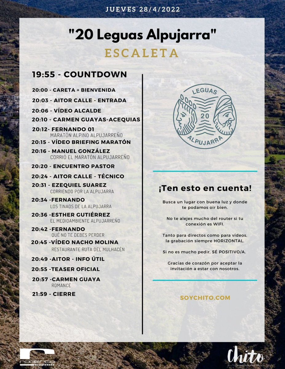 En media horita estamos viajando por la Alpujarra de la mano de <a href="/chitoronda/">Chito</a> y muchos de los amigos que la habitan. Os esperamos, aquí! youtu.be/PzLWoNsGDvs #VeinteLeguas