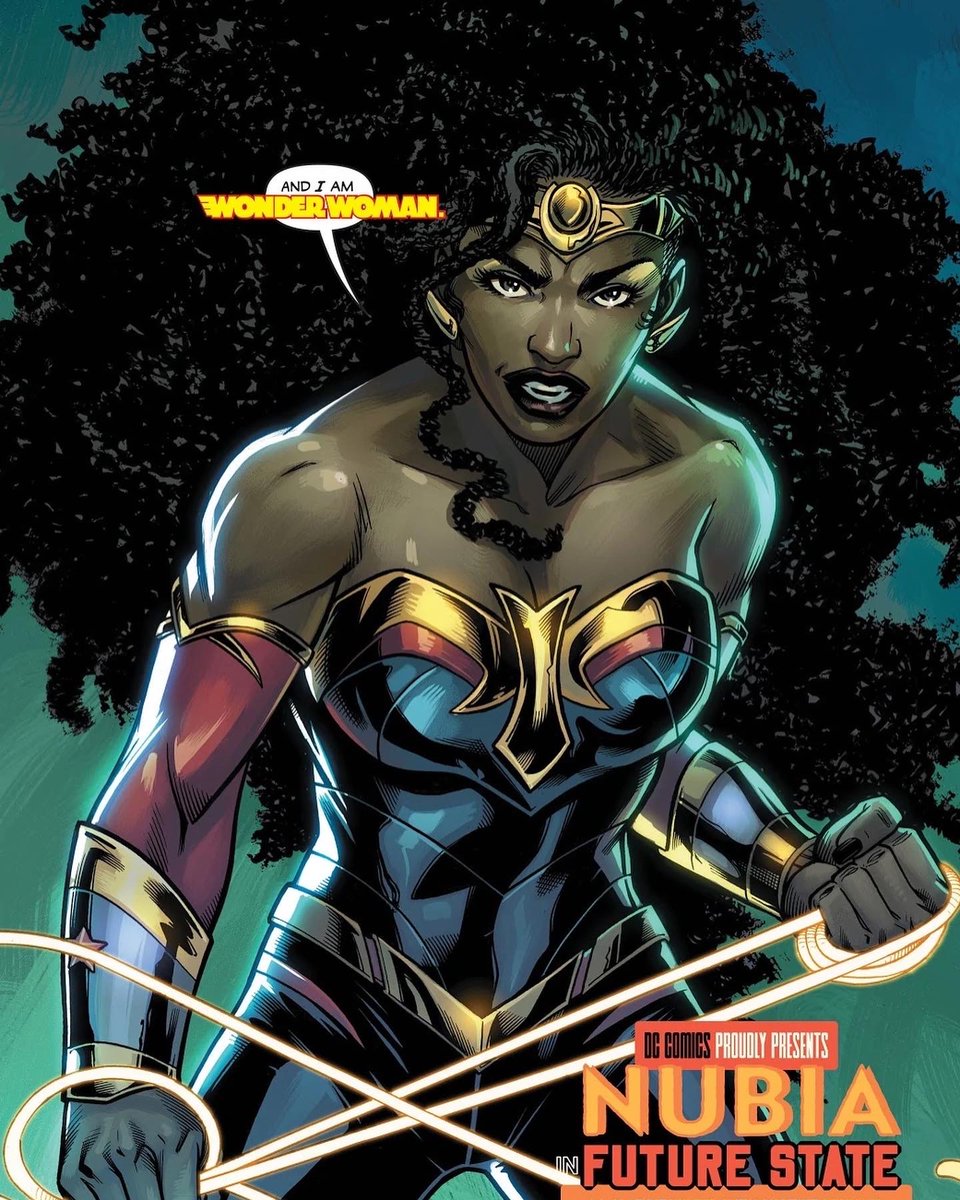 Picture of Nubia from Nubia future state in a power pose with the golden lasso saying “and I am wonder woman.“