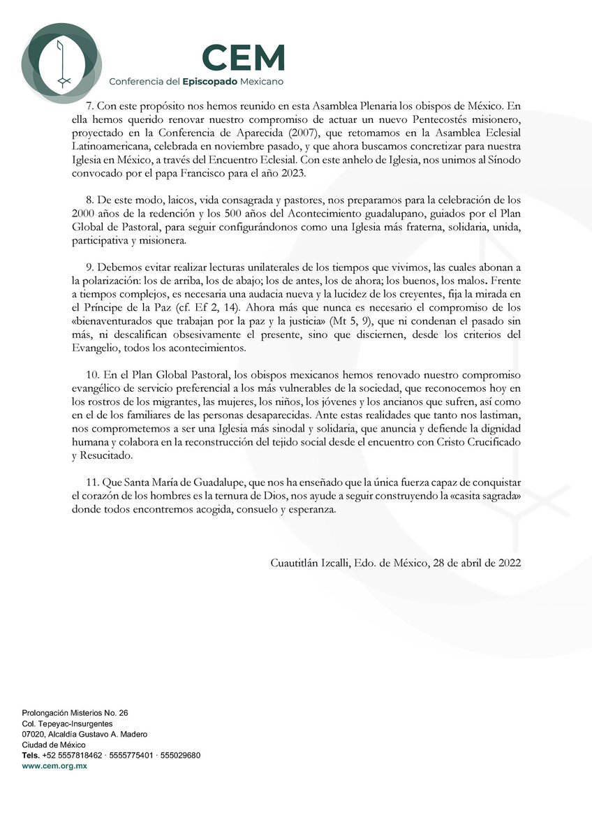 📢 | Mensaje al Pueblo de Dios
Rueda de Prensa de la CXII Asamblea del Episcopado Mexicano.