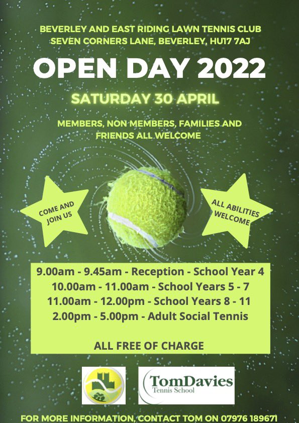 Club Open Day Sat 30 April. All welcome, why not come along? 🎾🎾💚💚 <a href="/YorkshireTennis/">Yorkshire Tennis</a> <a href="/BeverleyLife/">Beverley Life</a> <a href="/Bev_EastYorks/">Beverley East Riding</a> <a href="/Visit_Beverley/">Visit Beverley</a>