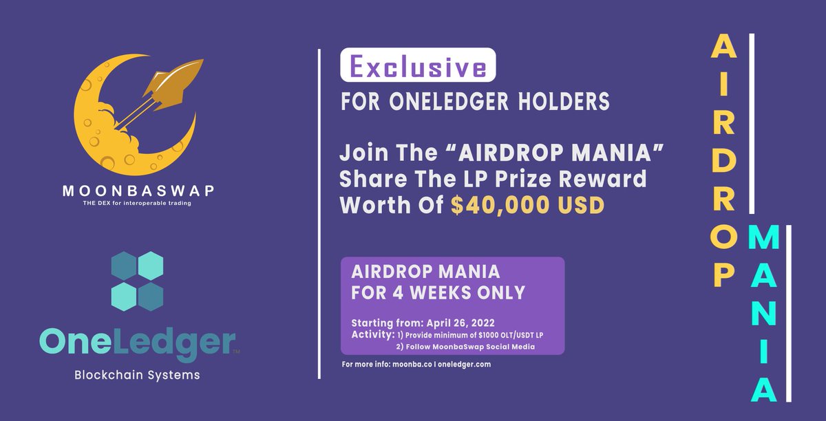 OneLedgerTech's tweet photo. $OLT token holders, this is your exclusive deal to be rewarded with USD $40,000.00 in $MBA tokens |
@GoMoonba @OneLedgerTech #airdrop https://t.co/NnvGdRANsm